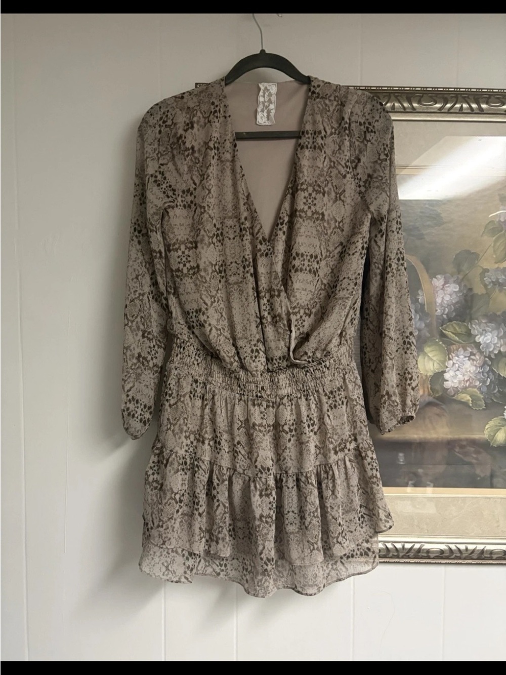 Sadie & Sage Taupe Snake-Print V-Neck Tiered Mini Dress